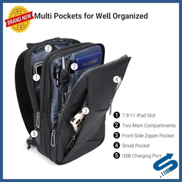 Large Nylon Sling Bag with USB Port Expandable Travel Daypack
